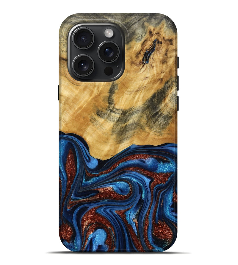 iPhone 16 Pro Max Wood Live Edge Phone Case - Ian (Teal & Gold, 787965)