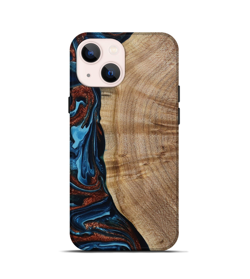 iPhone 13 mini Wood Live Edge Phone Case - Josiah (Teal & Gold, 788625)