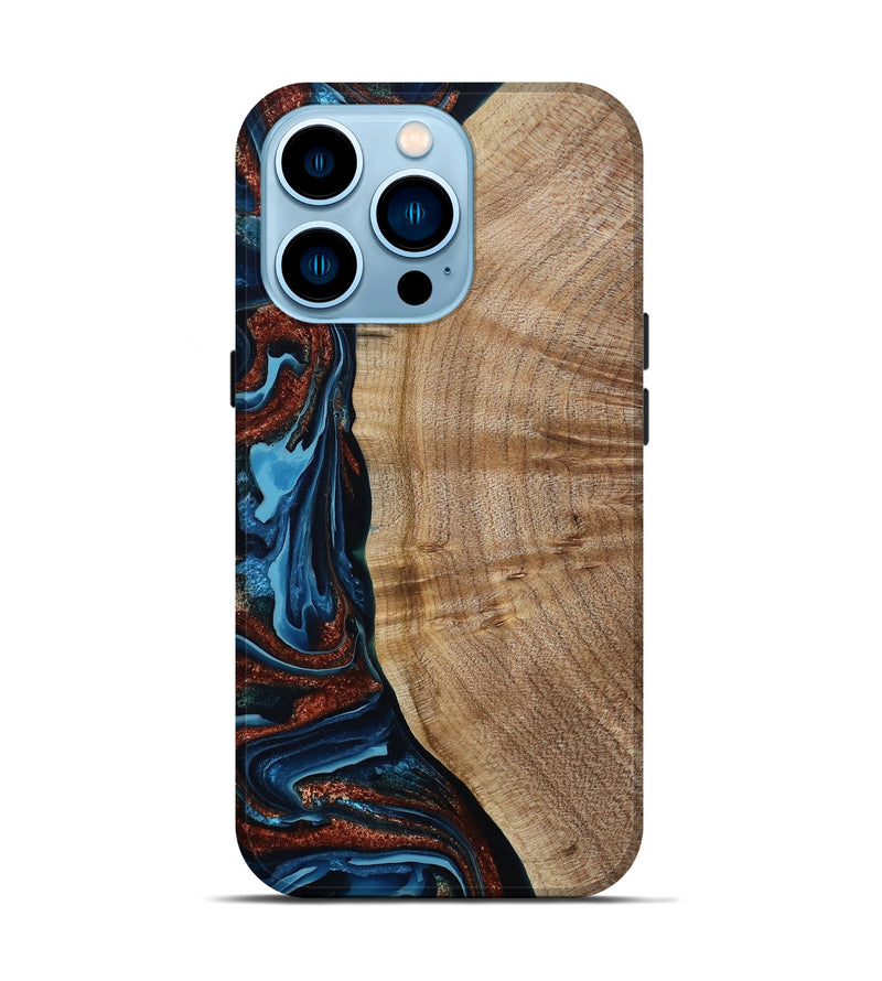 iPhone 14 Pro Wood Live Edge Phone Case - Josiah (Teal & Gold, 788625)