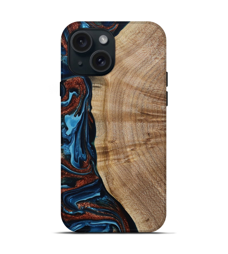 iPhone 15 Wood Live Edge Phone Case - Josiah (Teal & Gold, 788625)
