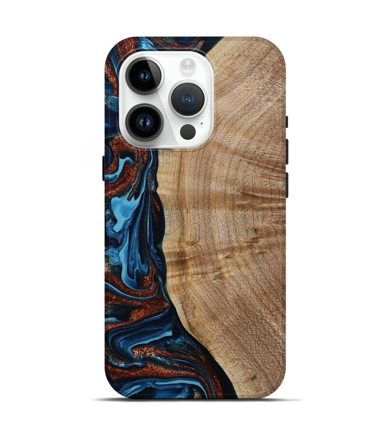 iPhone 15 Pro Wood Live Edge Phone Case - Josiah (Teal & Gold, 788625)