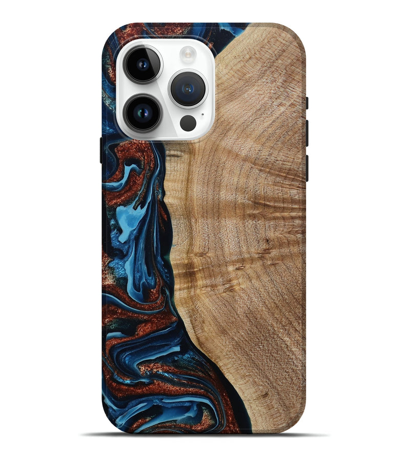 iPhone 15 Pro Max Wood Live Edge Phone Case - Josiah (Teal & Gold, 788625)