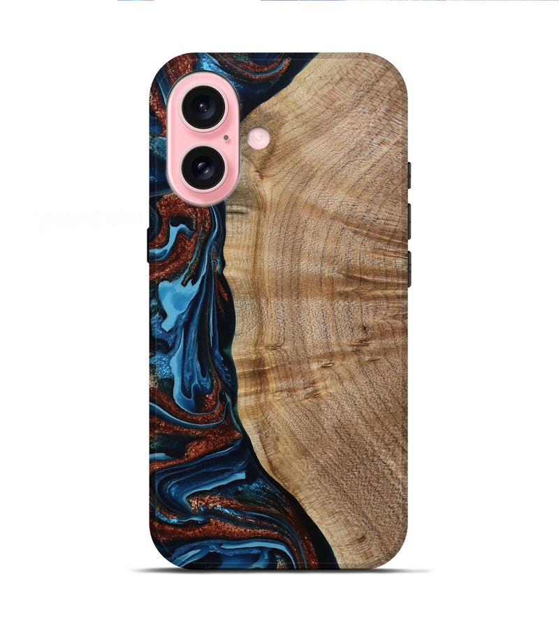 iPhone 16 Wood Live Edge Phone Case - Josiah (Teal & Gold, 788625)