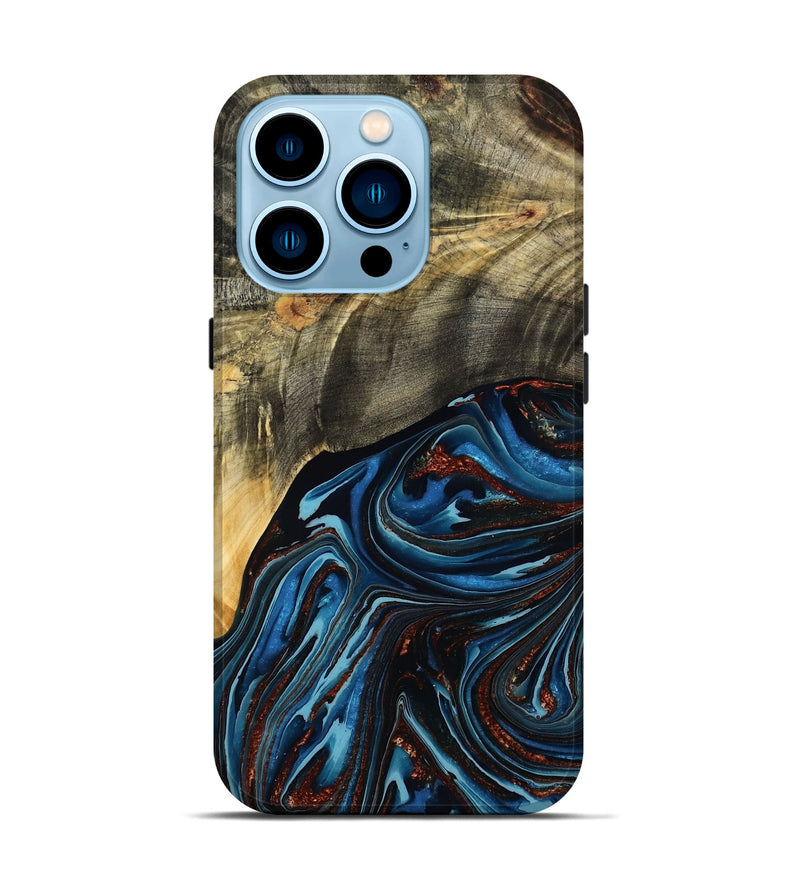 iPhone 14 Pro Wood Live Edge Phone Case - Lessie (Teal & Gold, 788648)