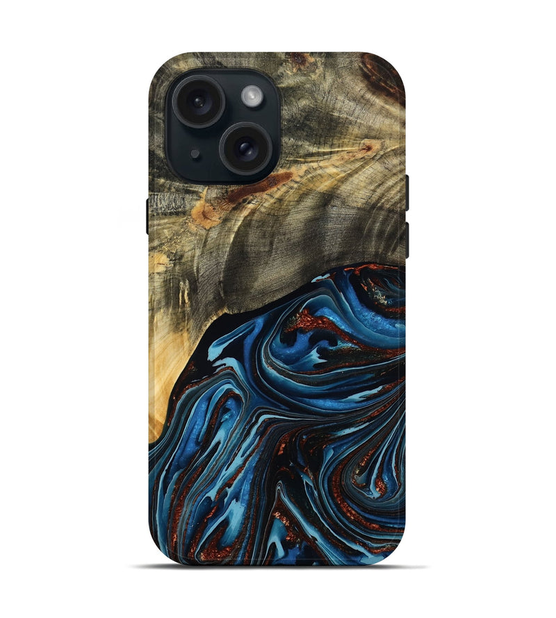 iPhone 15 Wood Live Edge Phone Case - Lessie (Teal & Gold, 788648)
