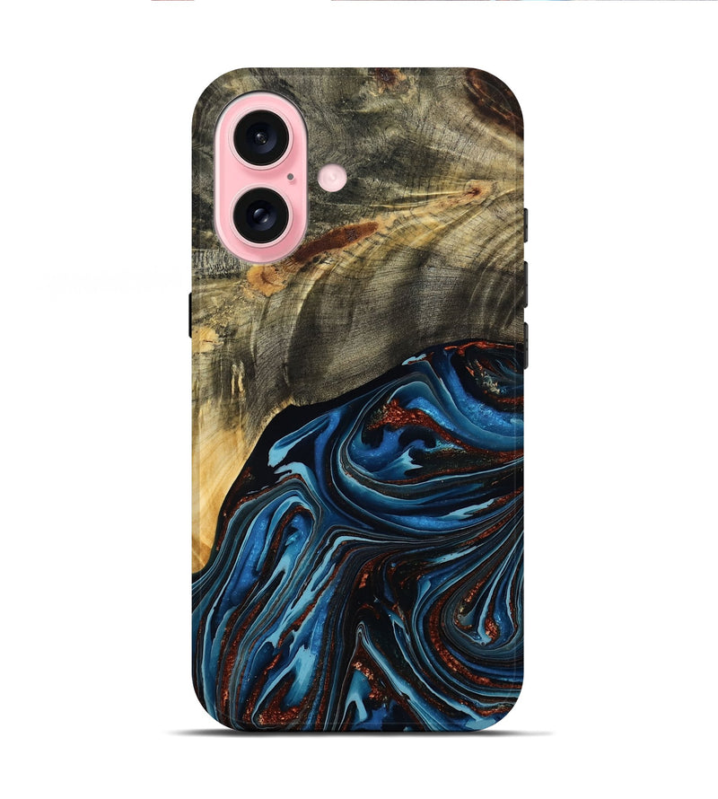 iPhone 16 Wood Live Edge Phone Case - Lessie (Teal & Gold, 788648)