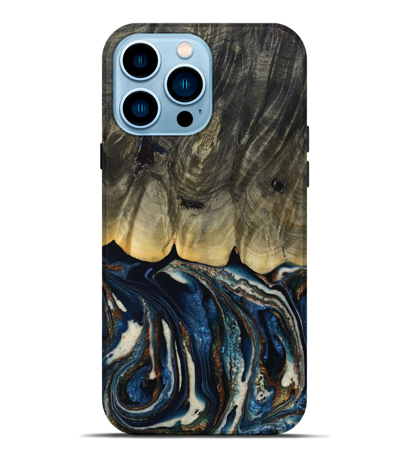 iPhone 14 Pro Max Wood Live Edge Phone Case - Romeo (Teal & Gold, 788860)