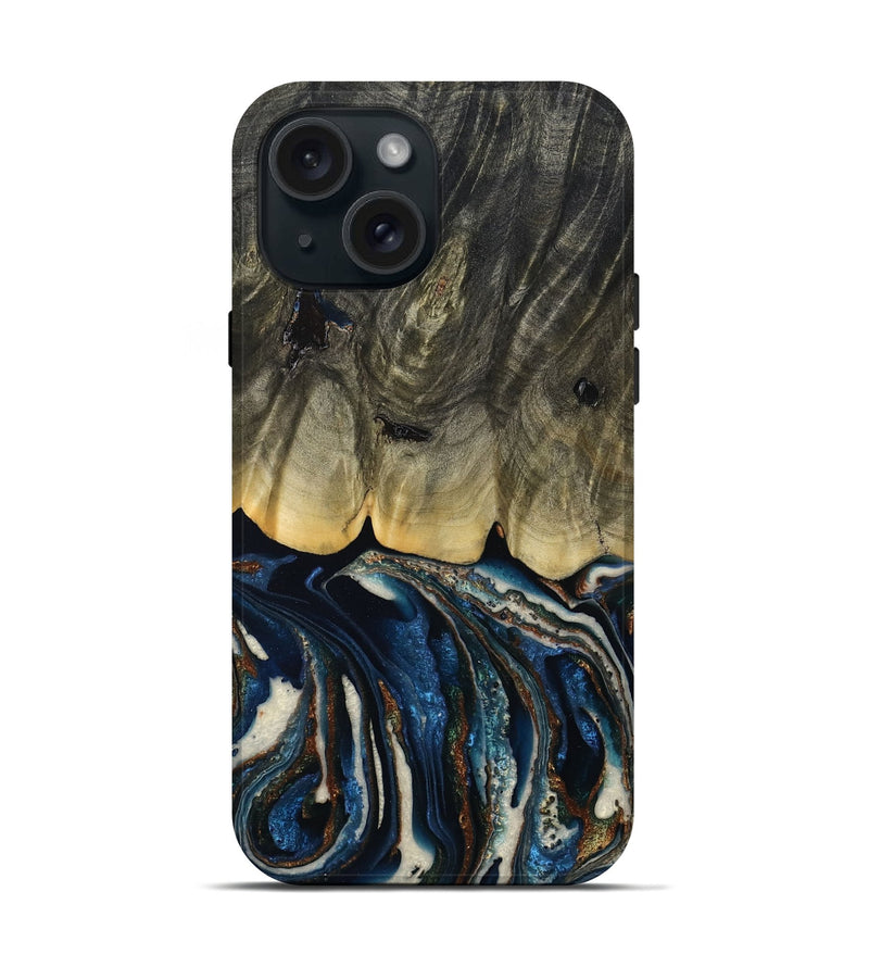 iPhone 15 Wood Live Edge Phone Case - Romeo (Teal & Gold, 788860)