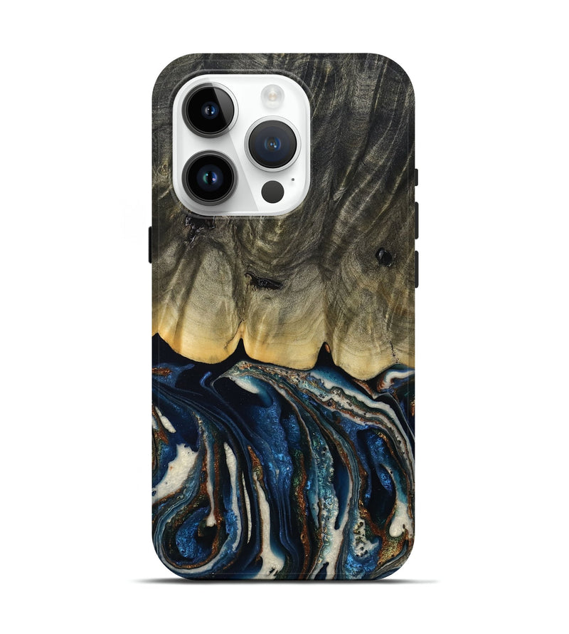 iPhone 15 Pro Wood Live Edge Phone Case - Romeo (Teal & Gold, 788860)