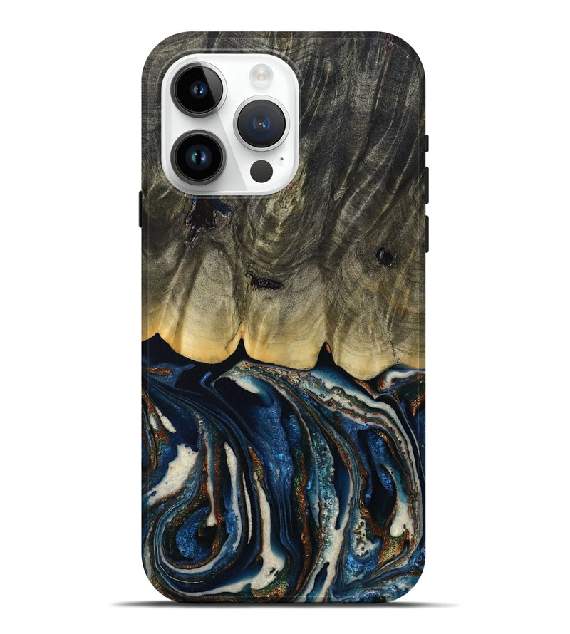 iPhone 15 Pro Max Wood Live Edge Phone Case - Romeo (Teal & Gold, 788860)