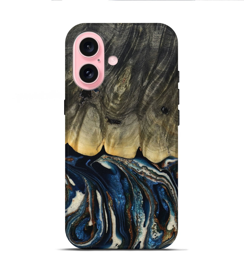 iPhone 16 Wood Live Edge Phone Case - Romeo (Teal & Gold, 788860)