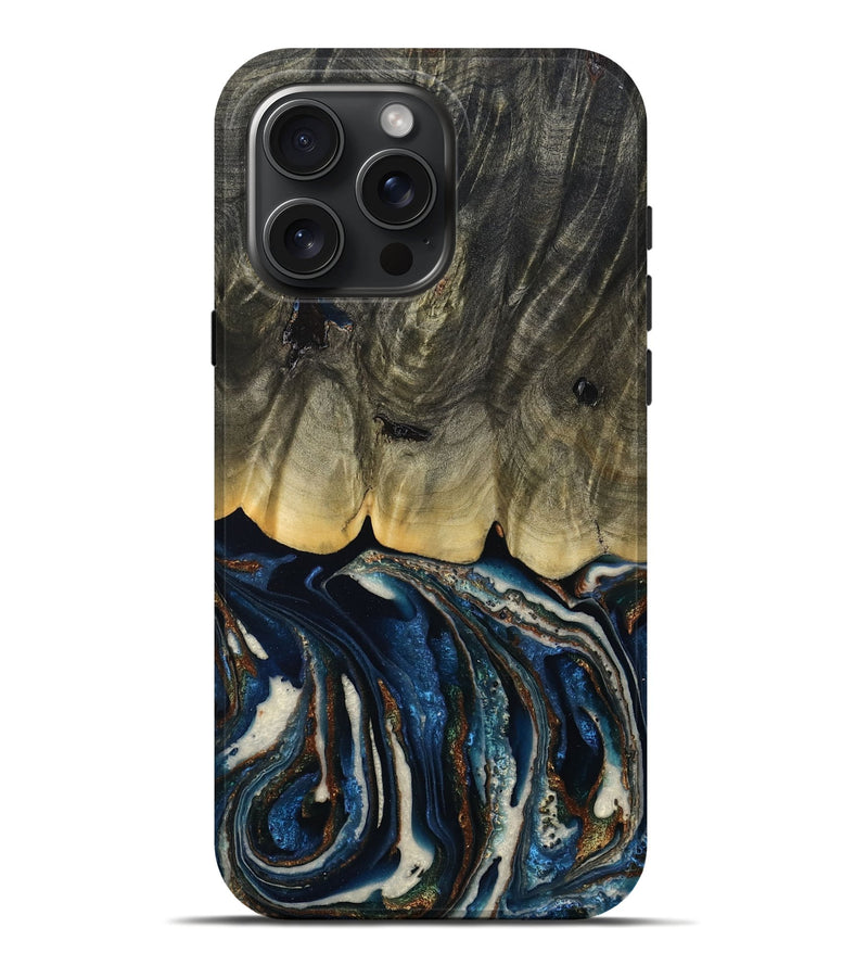 iPhone 16 Pro Max Wood Live Edge Phone Case - Romeo (Teal & Gold, 788860)