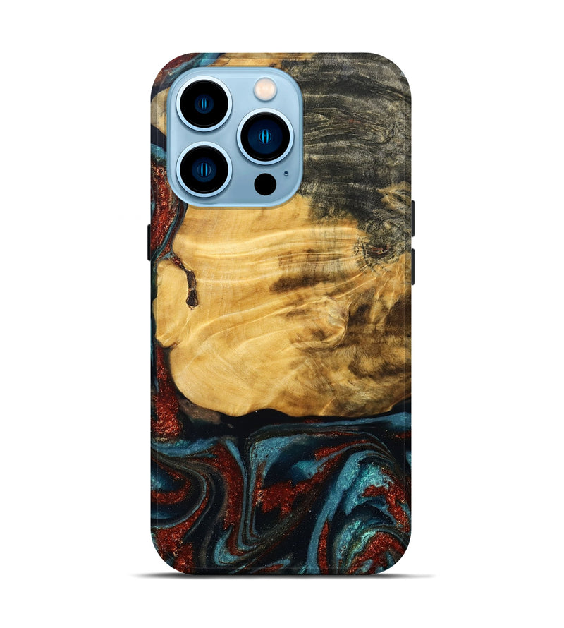 iPhone 14 Pro Wood Live Edge Phone Case - Cesar (Teal & Gold, 789068)