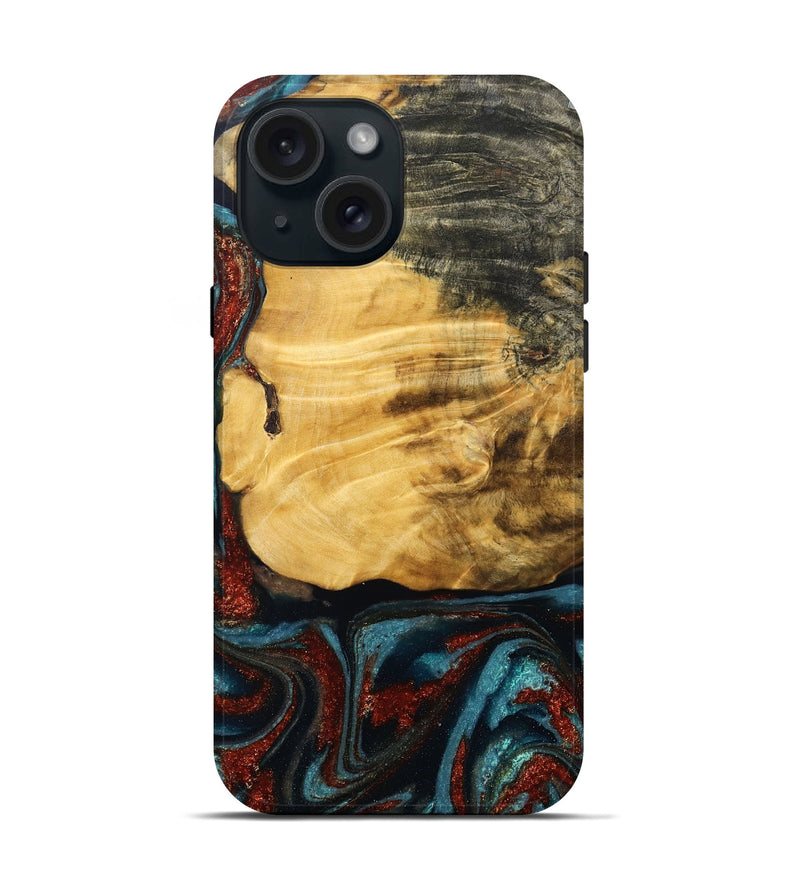 iPhone 15 Wood Live Edge Phone Case - Cesar (Teal & Gold, 789068)