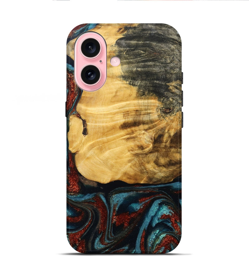 iPhone 16 Wood Live Edge Phone Case - Cesar (Teal & Gold, 789068)