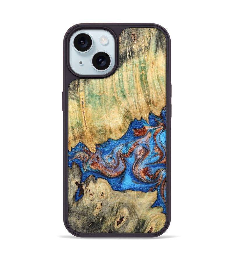 iPhone 15 Wood Phone Case - Cherie (Teal & Gold, 789388)