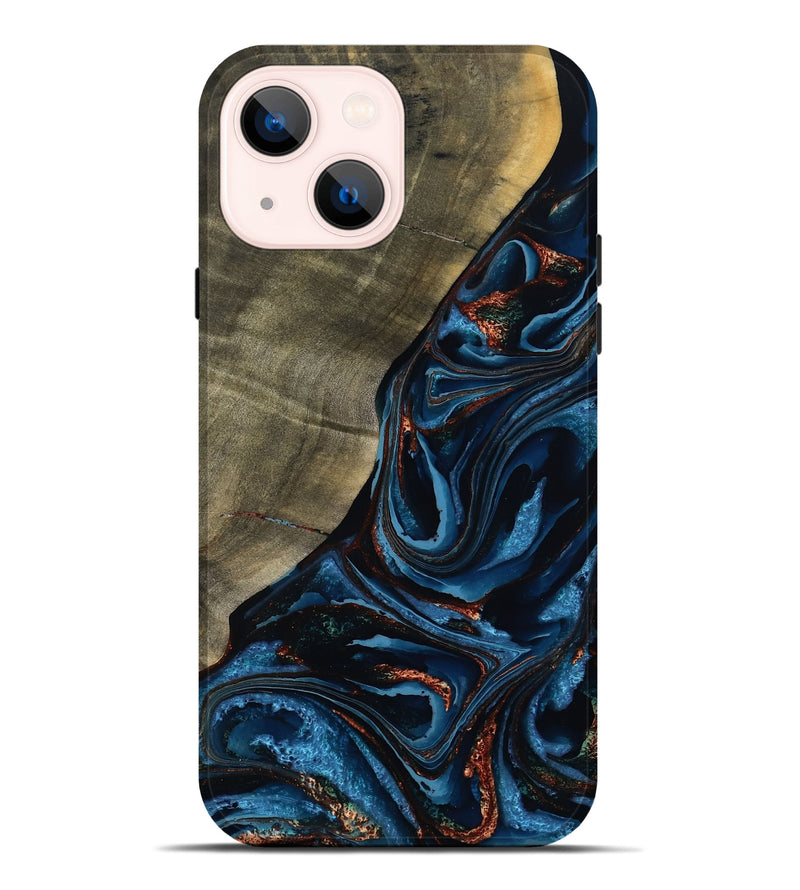 iPhone 14 Plus Wood Live Edge Phone Case - Elora (Teal & Gold, 789799)