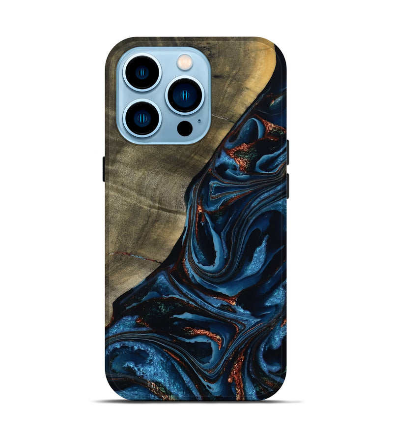 iPhone 14 Pro Wood Live Edge Phone Case - Elora (Teal & Gold, 789799)