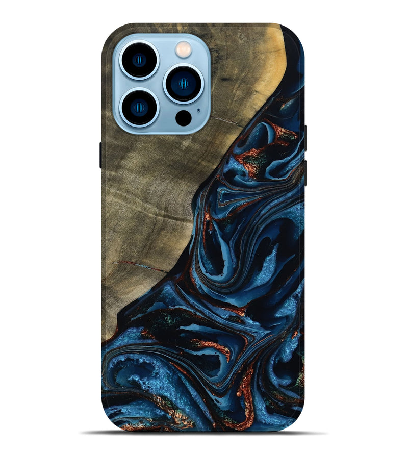 iPhone 14 Pro Max Wood Live Edge Phone Case - Elora (Teal & Gold, 789799)
