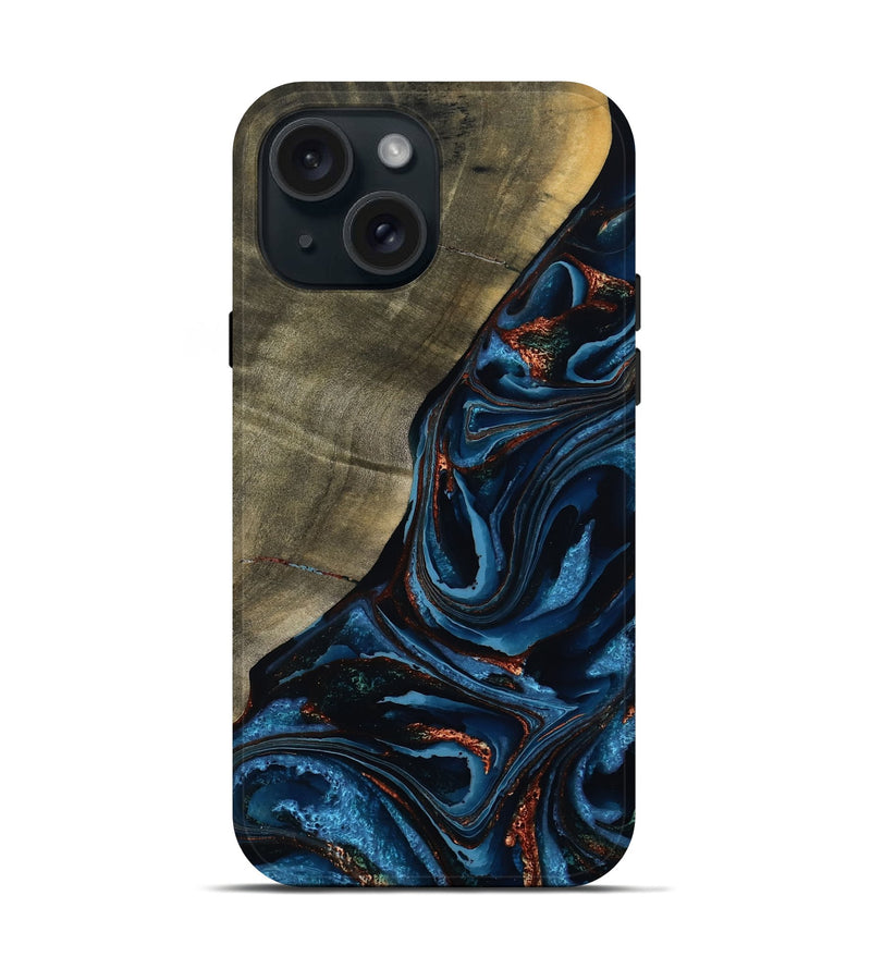 iPhone 15 Wood Live Edge Phone Case - Elora (Teal & Gold, 789799)