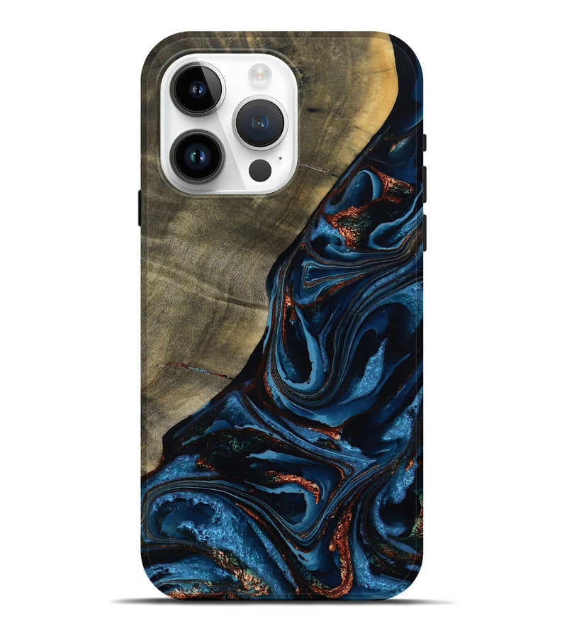 iPhone 15 Pro Max Wood Live Edge Phone Case - Elora (Teal & Gold, 789799)