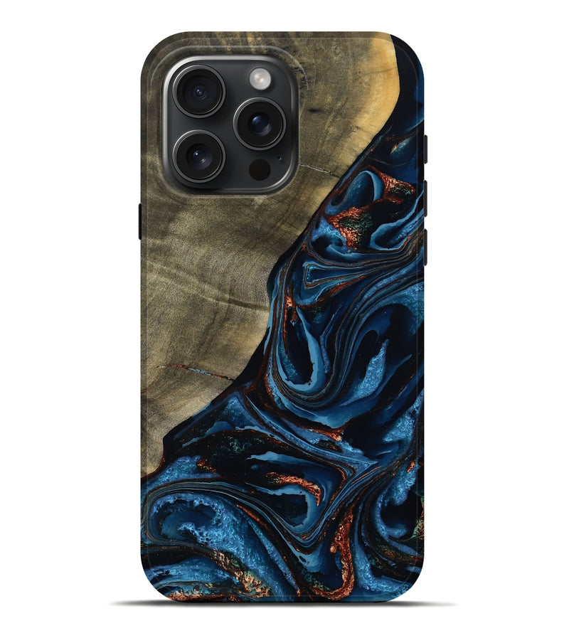 iPhone 16 Pro Max Wood Live Edge Phone Case - Elora (Teal & Gold, 789799)