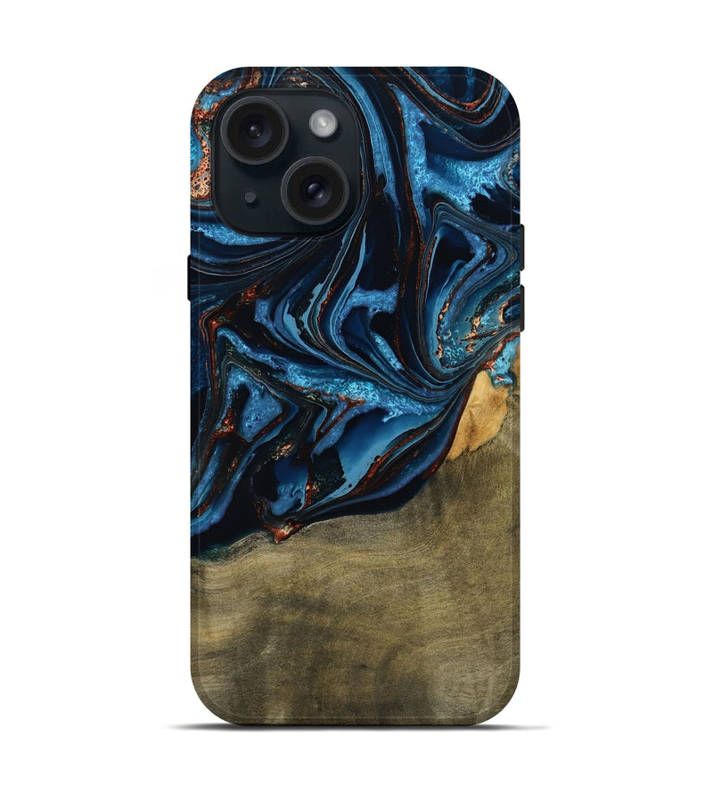 iPhone 15 Wood Live Edge Phone Case - Hulda (Teal & Gold, 789800)
