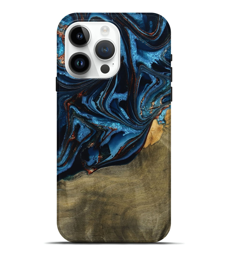 iPhone 15 Pro Max Wood Live Edge Phone Case - Hulda (Teal & Gold, 789800)