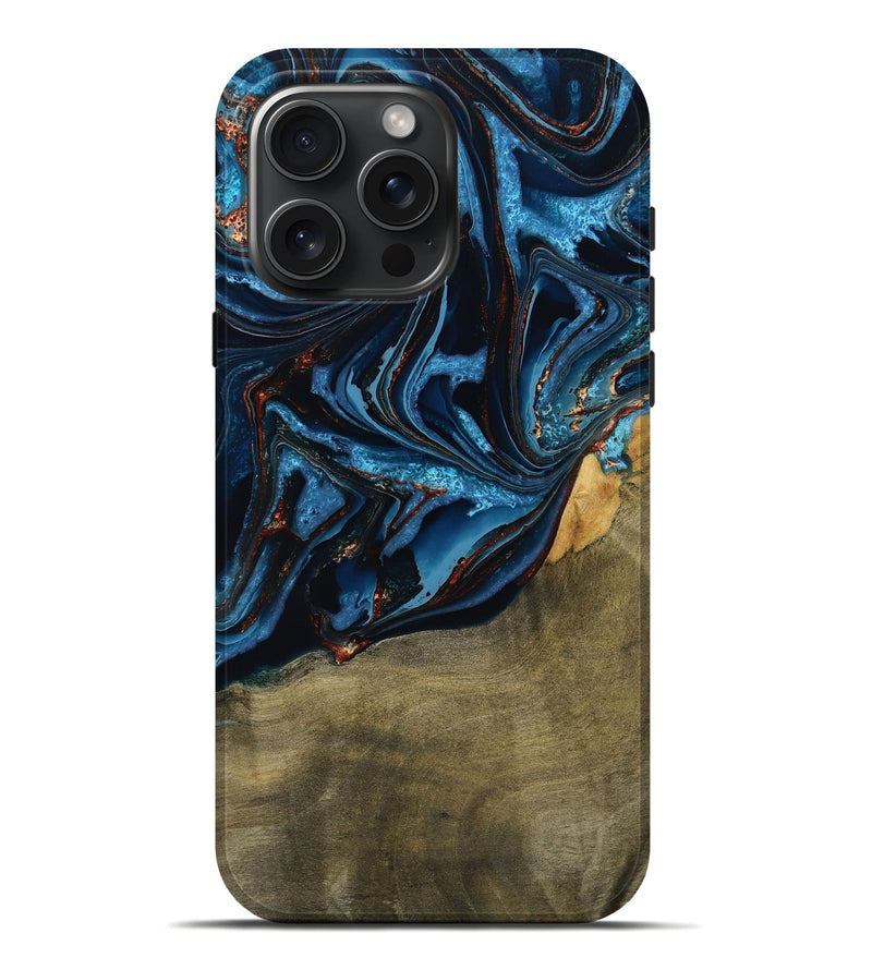 iPhone 16 Pro Max Wood Live Edge Phone Case - Hulda (Teal & Gold, 789800)