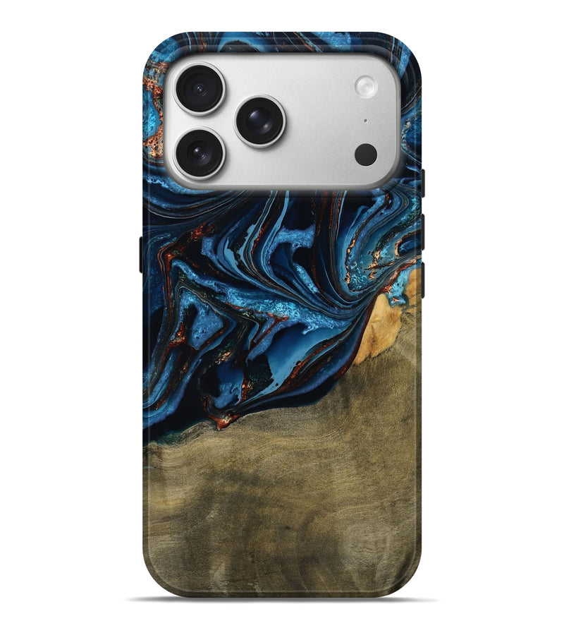 iPhone 17 Pro Max Wood Live Edge Phone Case - Hulda (Teal & Gold, 789800)