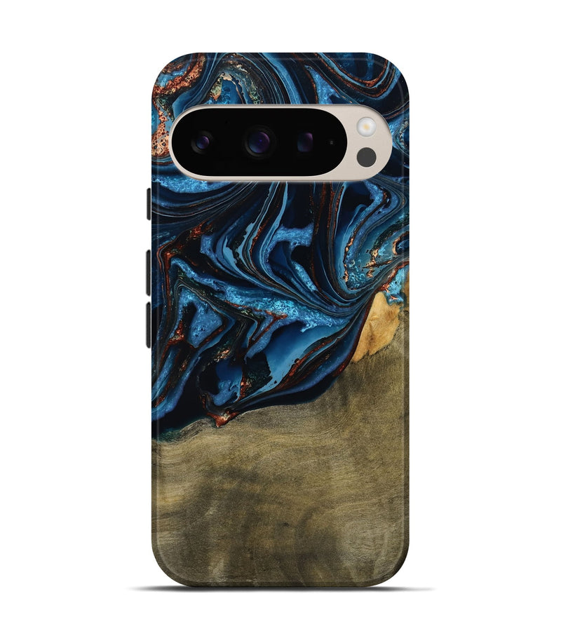 Pixel 9 Pro Wood Live Edge Phone Case - Hulda (Teal & Gold, 789800)