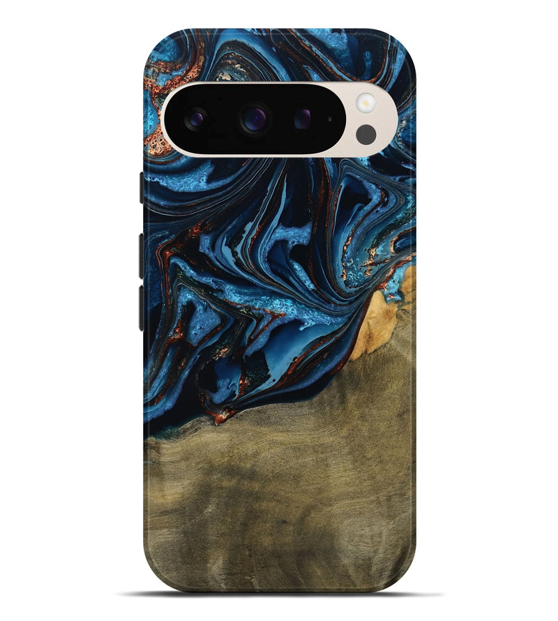 Pixel 9 Pro XL Wood Live Edge Phone Case - Hulda (Teal & Gold, 789800)