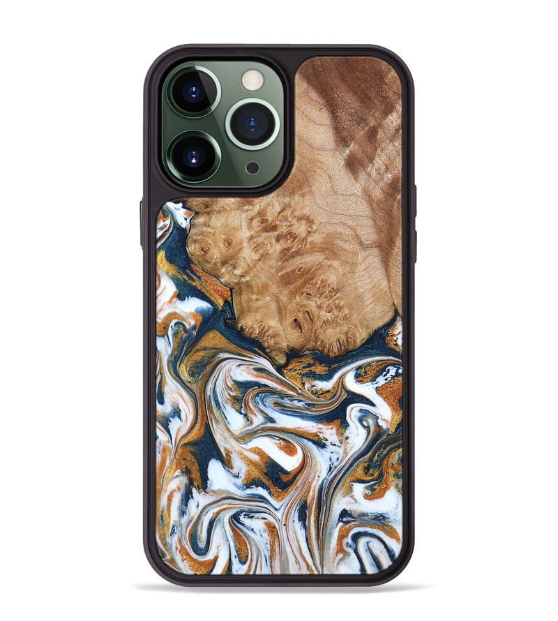 iPhone 13 Pro Max Wood Phone Case - Dahlia (Teal & Gold, 790063)