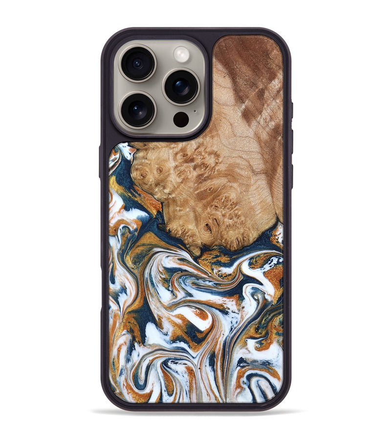 iPhone 16 Pro Max Wood Phone Case - Dahlia (Teal & Gold, 790063)