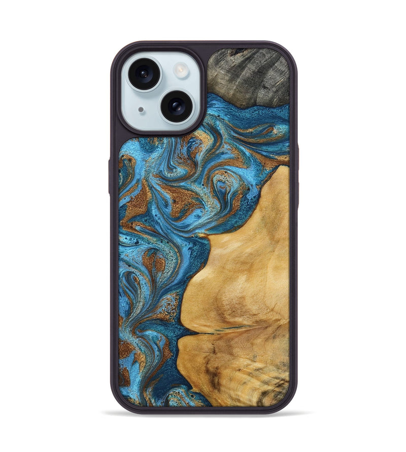 iPhone 15 Wood Phone Case - Braelyn (Teal & Gold, 790064)