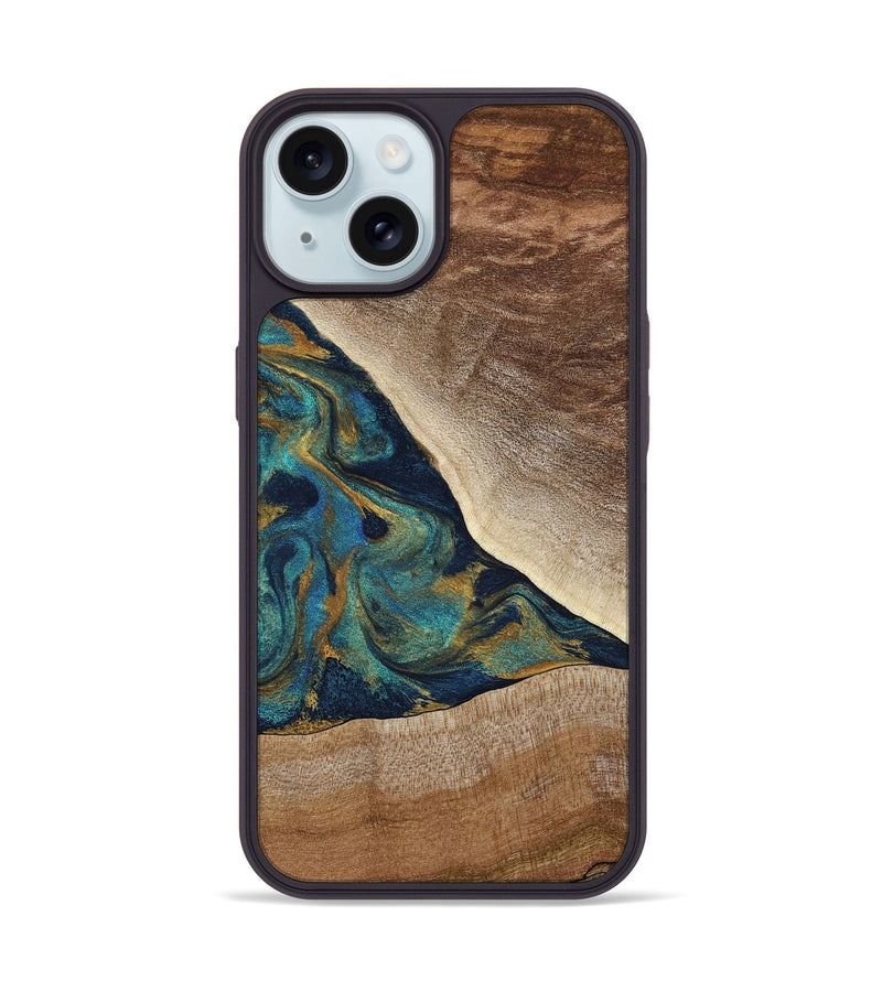 iPhone 15 Wood Phone Case - Sue (Teal & Gold, 790076)