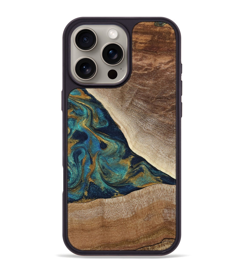iPhone 16 Pro Max Wood Phone Case - Sue (Teal & Gold, 790076)