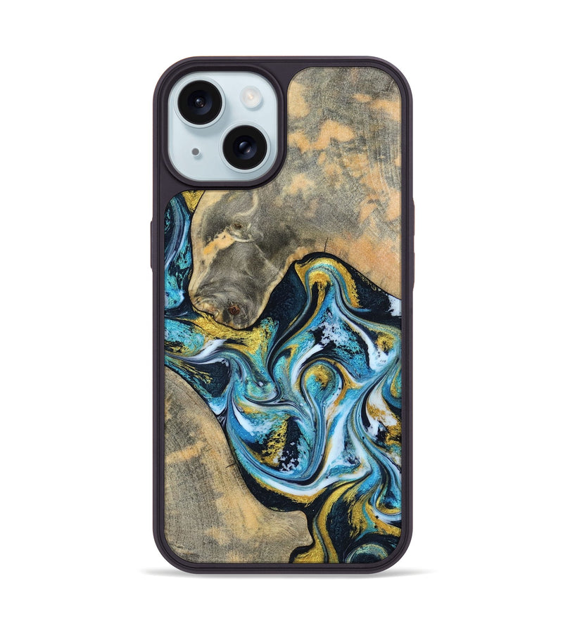 iPhone 15 Wood Phone Case - Shyanne (Teal & Gold, 790096)