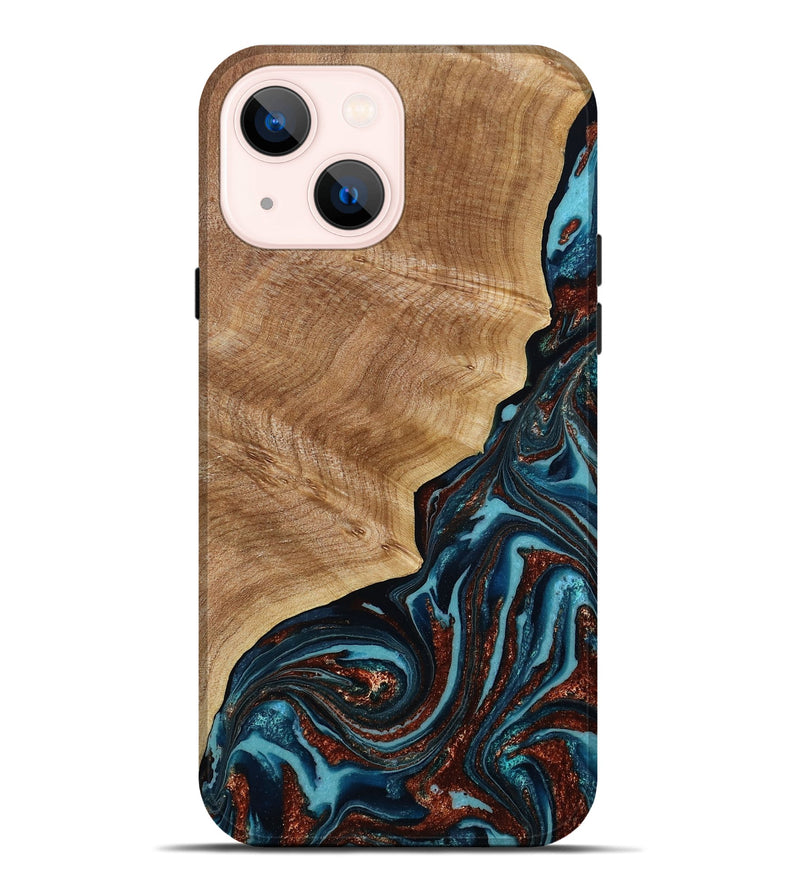 iPhone 14 Plus Wood Live Edge Phone Case - Ricky (Teal & Gold, 790175)