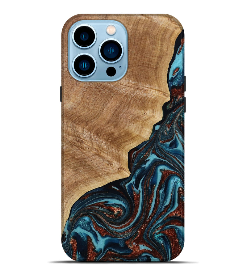 iPhone 14 Pro Max Wood Live Edge Phone Case - Ricky (Teal & Gold, 790175)
