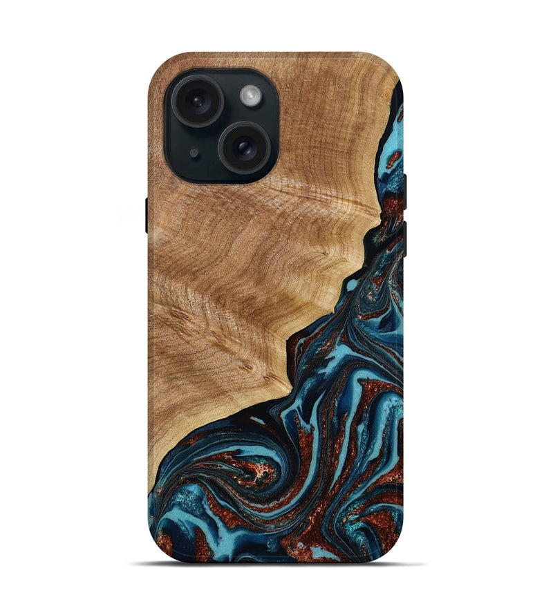 iPhone 15 Wood Live Edge Phone Case - Ricky (Teal & Gold, 790175)