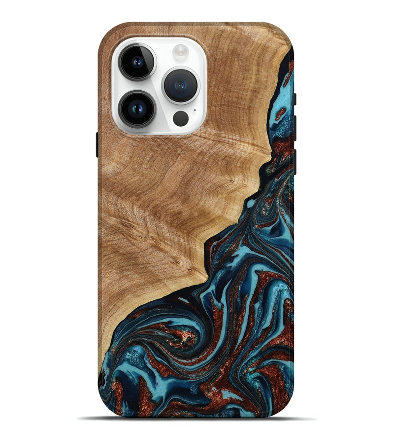 iPhone 15 Pro Max Wood Live Edge Phone Case - Ricky (Teal & Gold, 790175)