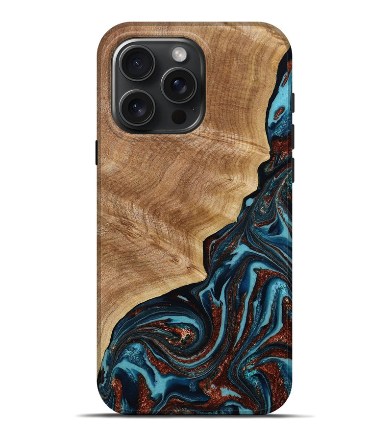 iPhone 16 Pro Max Wood Live Edge Phone Case - Ricky (Teal & Gold, 790175)