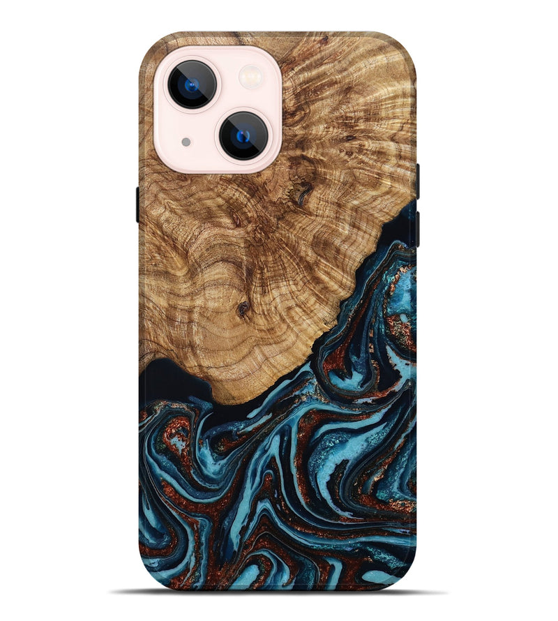 iPhone 14 Plus Wood Live Edge Phone Case - Kwame (Teal & Gold, 790176)