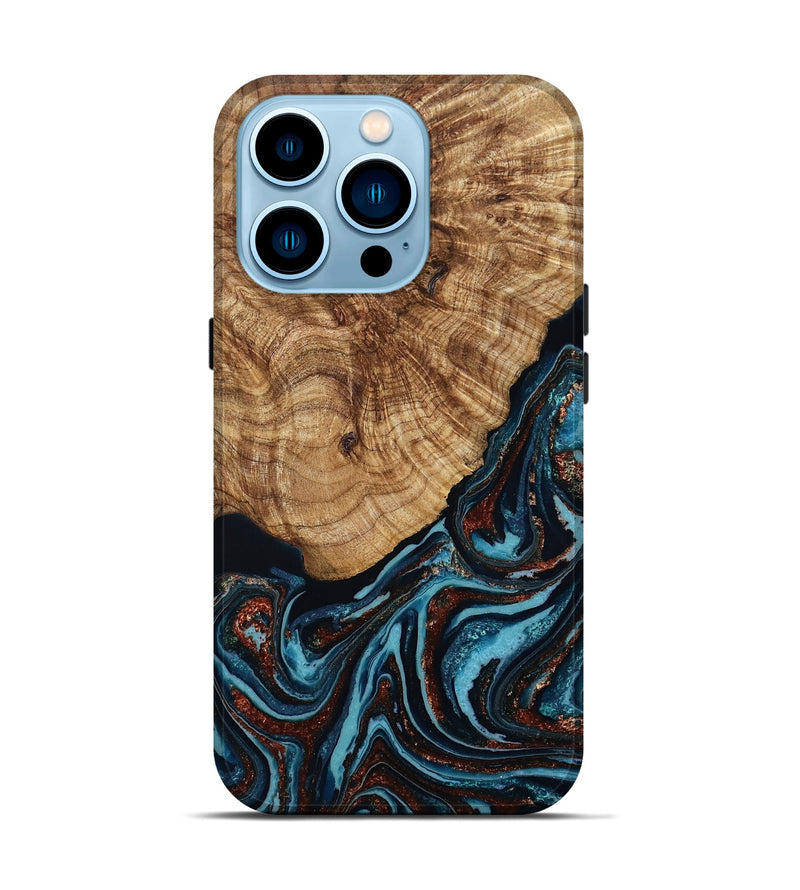 iPhone 14 Pro Wood Live Edge Phone Case - Kwame (Teal & Gold, 790176)