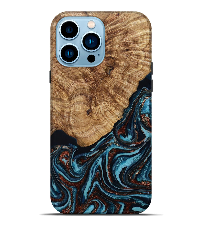 iPhone 14 Pro Max Wood Live Edge Phone Case - Kwame (Teal & Gold, 790176)