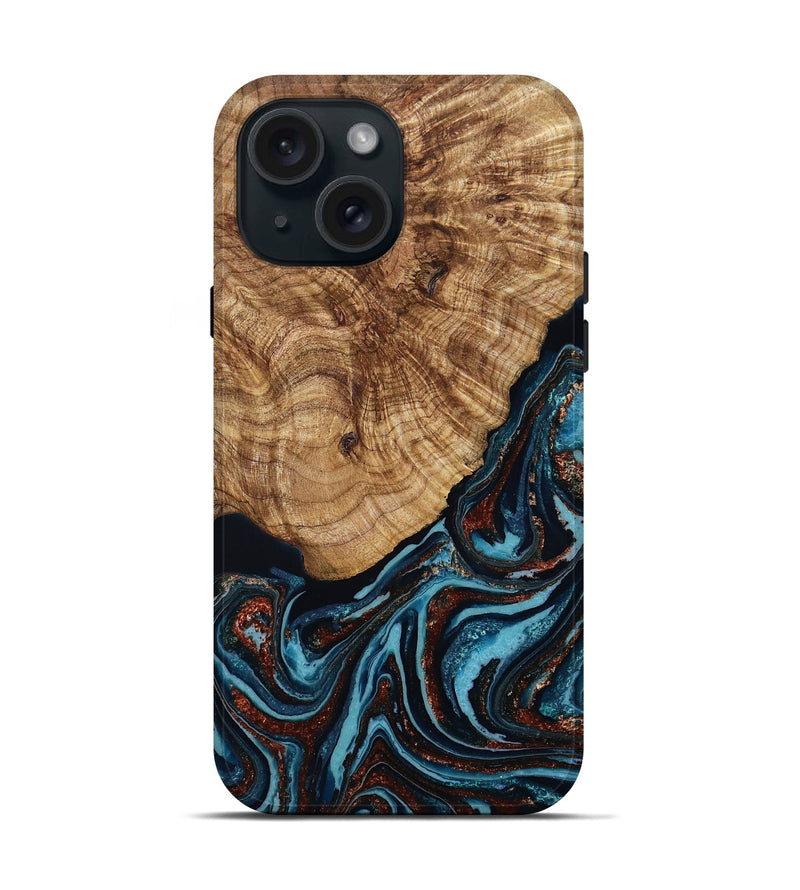 iPhone 15 Wood Live Edge Phone Case - Kwame (Teal & Gold, 790176)