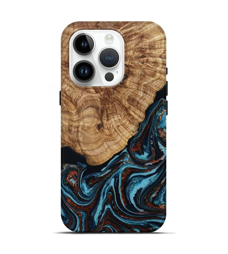 iPhone 15 Pro Wood Live Edge Phone Case - Kwame (Teal & Gold, 790176)