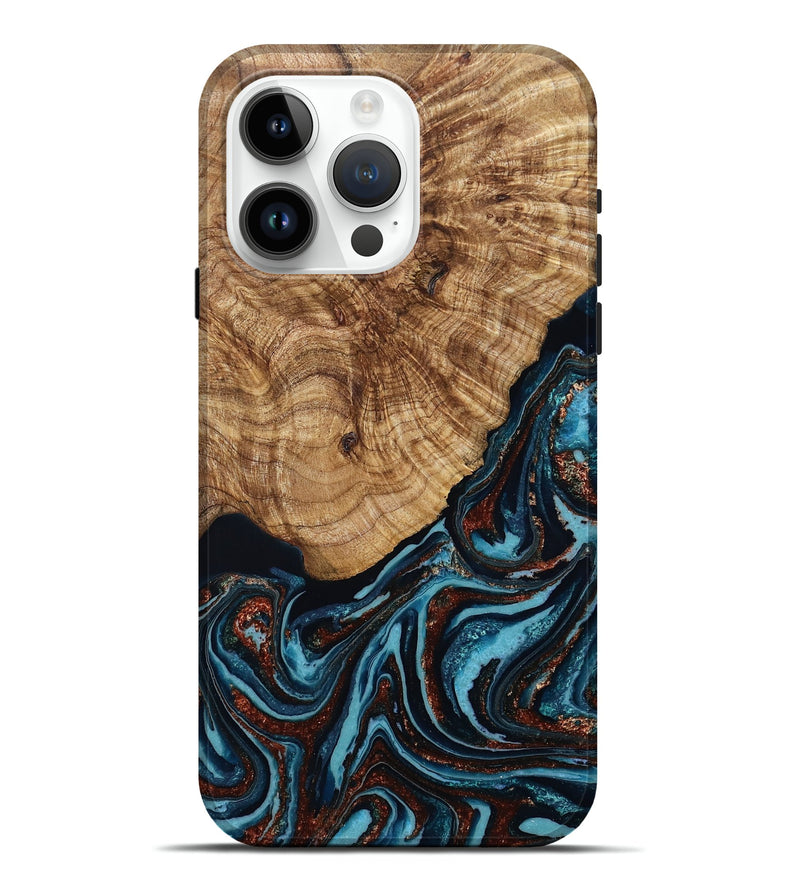 iPhone 15 Pro Max Wood Live Edge Phone Case - Kwame (Teal & Gold, 790176)