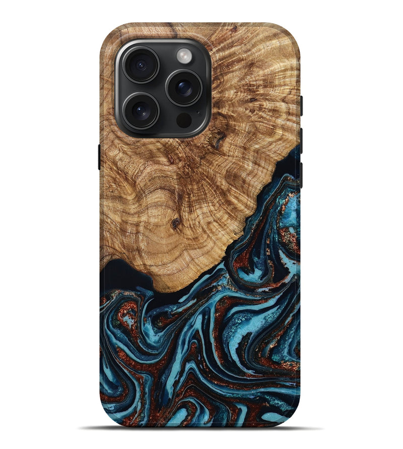 iPhone 16 Pro Max Wood Live Edge Phone Case - Kwame (Teal & Gold, 790176)